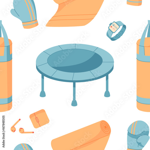 Seamless colorful flat fitness pattern with gym equipment and training tools. Features trampoline, exercise accessories, and workout items. Perfect for sport wallpaper, fabric decoration, or healthy