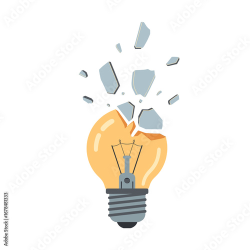 Broken Lightbulb with Glass Shards on White Background Representing Failed Idea Conceptual Innovation and Creative Energy with Pixelated Illustration