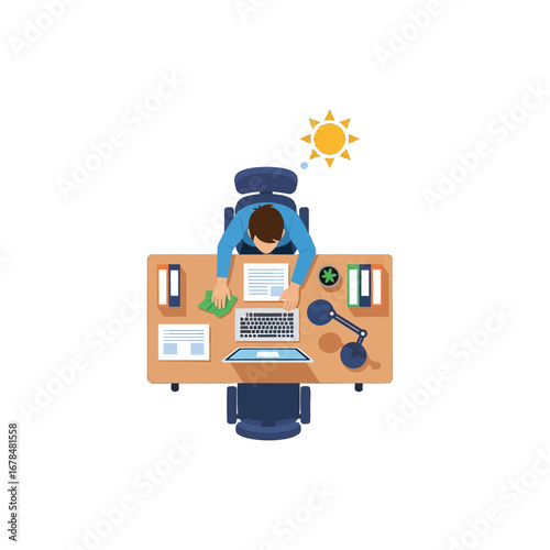 Aerial View of Man Sitting at Desk with Computer Money and Sunlight Dreaming of Finance and Business Opportunities in Flat Design