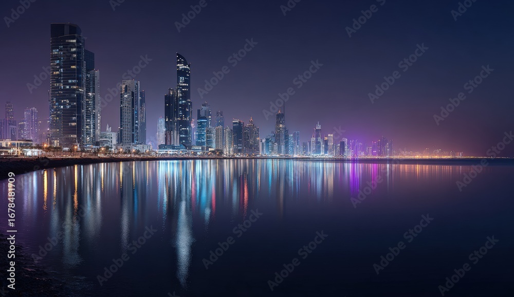 Fototapeta premium City skyline at night reflected in calm water (1)