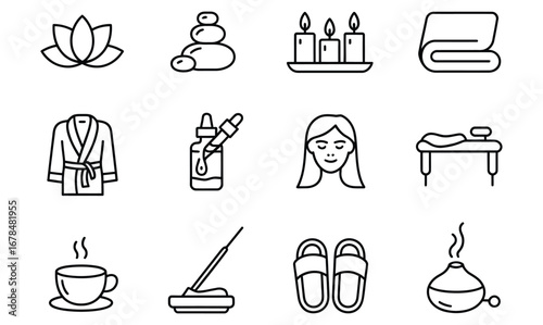 WebDiscover your inner peace with spa icons, perfect for a calming retreat or wellness promotion, featuring essential oils, hot stones, scented candles, and a comfy robe