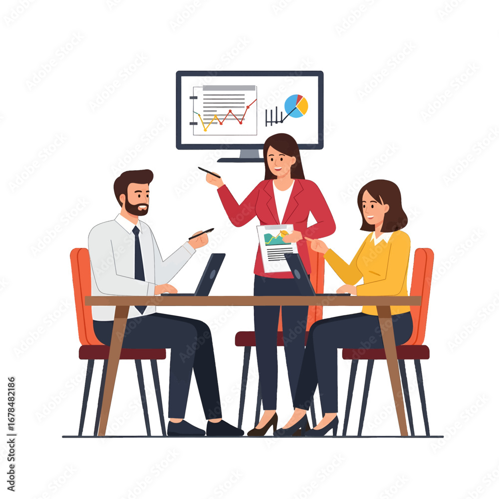 Fototapeta premium Three Business Professionals in Discussion Presenting Data Charts at Office Conference Table Red and Yellow Colors