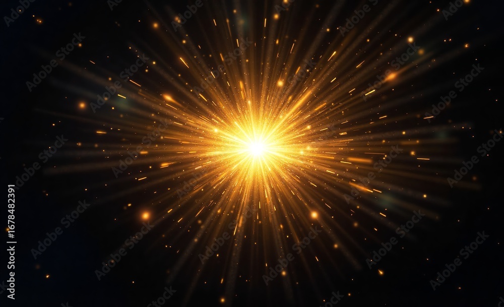 Obraz premium A dazzling golden light explosion radiates outwards from a central point, casting brilliant rays and sparkling particles across a dark, expansive background.