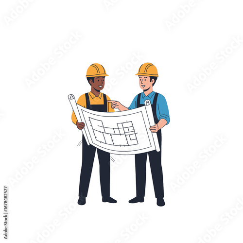 Two Construction Workers Examining Blueprint Plans Wearing Yellow Hardhats and Uniforms on White Background