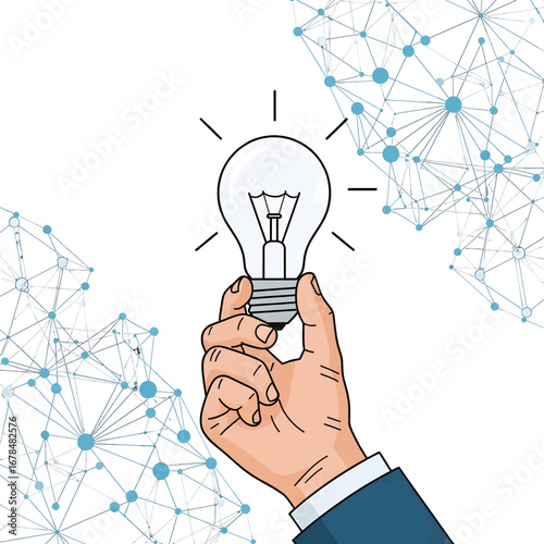 Hand Holding Lit Lightbulb with Connectivity Network on White Background Demonstrating Idea Innovation Concept and Creative Solution