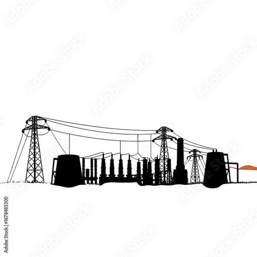 Silhouetted Electrical Transmission Station with Towers Power Lines and Industrial Infrastructure in Black and White