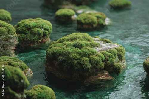 Moss-covered rocks in a still, clear water