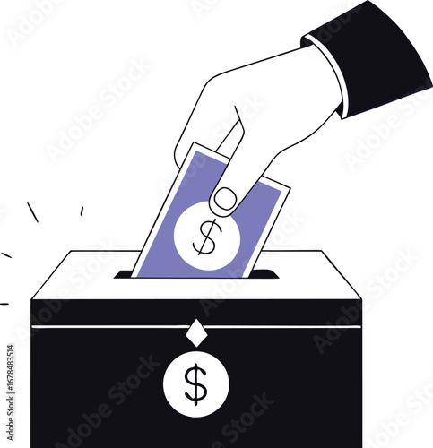 Hand putting money in donation box, symbolizing charity and financial support for a good cause