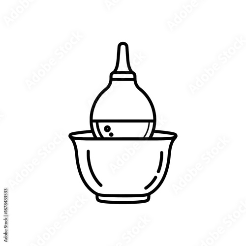 Black and White Illustration of Enema Bulb in a Bowl for Medical Use and Personal Hygiene and Healthcare