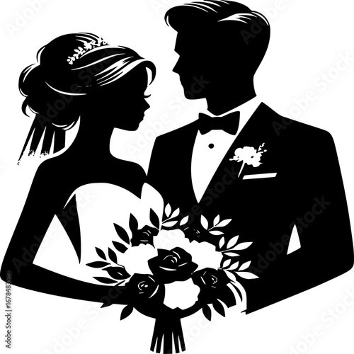 Wedding Silhouette: A romantic silhouette captures a tender moment of a bride and groom on their special day, embodying love and commitment with a classic, elegant aesthetic. 