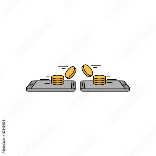 Coins are transferred between two smartphones, illustrating digital money transfer or online payment concept.