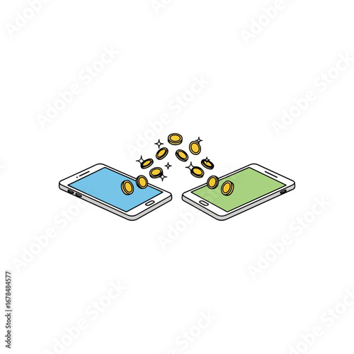 Mobile phone money transfer, digital coins flowing between smartphones.