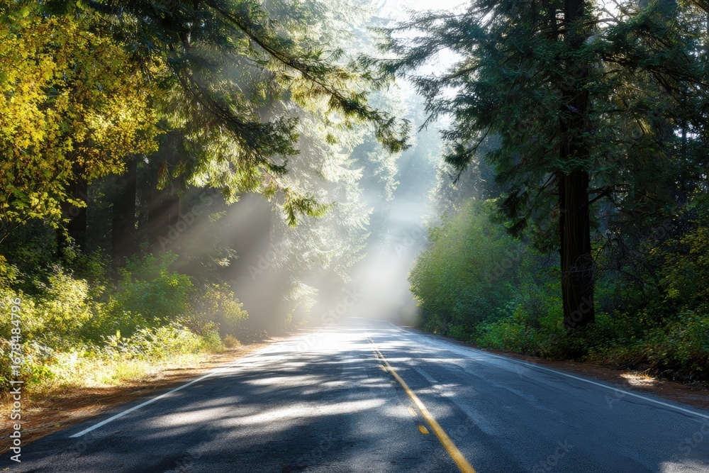 Obraz premium Light rays filtering through mist and trees on a scenic road in Redwood National Park, creating a magical atmosphere