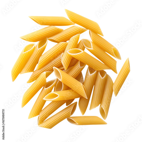 Pile of dry penne pasta tubes isolated on a transparent background