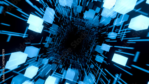 3D rendering of digital tunnel of cyberspace with cube particles and light.