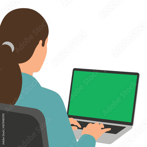 Woman Typing on Laptop with Green Screen Wearing a Teal Shirt in a Gray Chair Against White Background Viewed from Behind