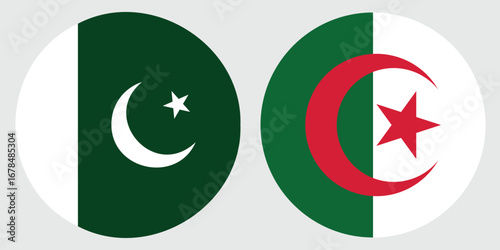 Pakistan and Algeria National Flags  , Circular Symbol Design on Grey Background 