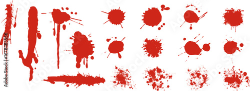 Grunge bloody splash collection. Vector red paint blots, drips, and splatters for Halloween backgrounds.