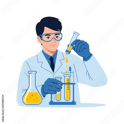 Scientist Pouring Yellow Liquid into Test Tube Performing Scientific Experiment in Lab with Protective Wear and Safety Goggles