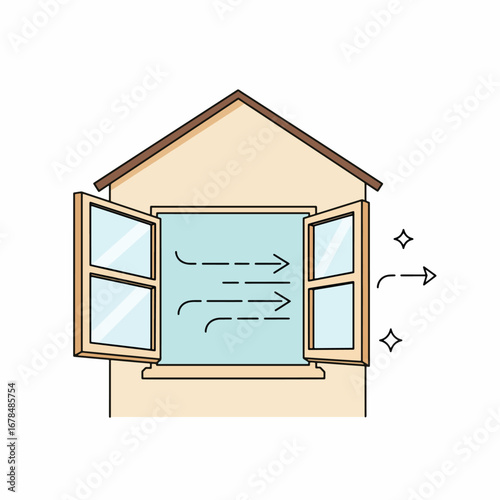 Simple illustration of a house with an open window, showing air flow and freshness.