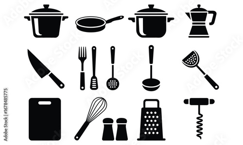 Essential kitchen tools for home cooking and gourmet meals like pots, pans, and utensils, perfect for culinary blog designs or restaurant marketing materials that need a professional touch