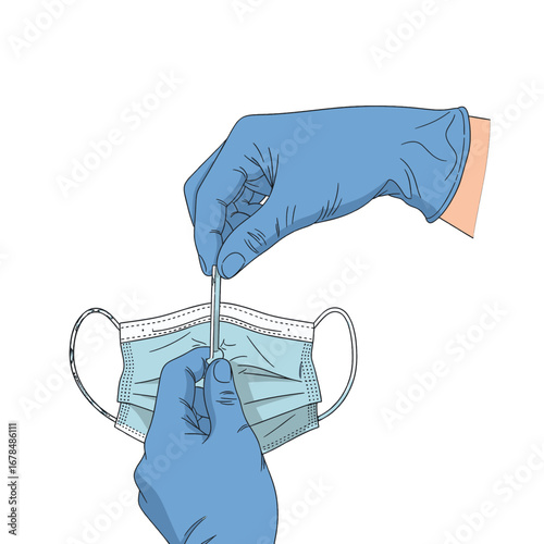 Hands in Blue Gloves Swabbing Medical Mask for Virus Test on White Background