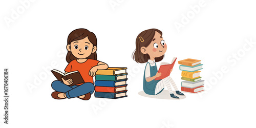Print  Young Girl Sitting with Stack of Books Vector Illustration on White Background