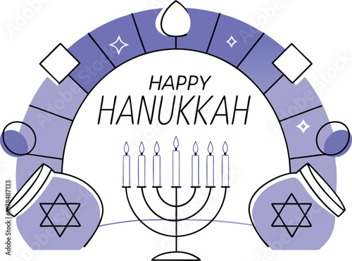 Happy hanukkah greeting card with menorah and dreidels