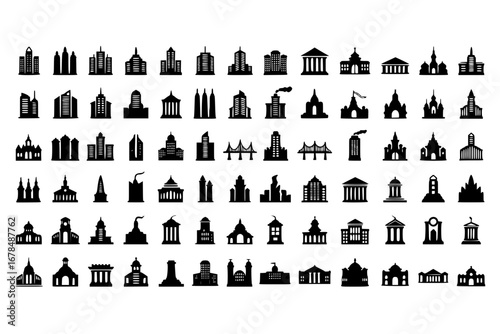 Set Of Edifice Icons Isolated Silhouette Solid Icon With Architecture, Design, Edifice, Urban, City, Building, Construction Infographic Simple Vector Illustration Logo