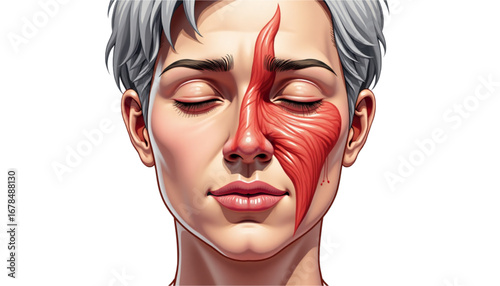 Hand-drawn anatomical illustration of a young woman's face, with half of her face lowered as a result of a stroke, detailed anatomical features highlighting facial muscles in a realistic style