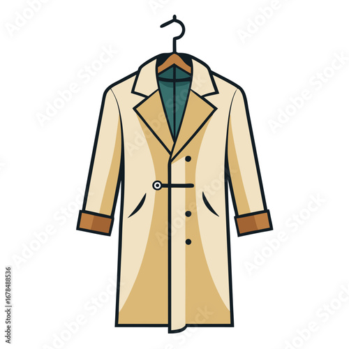 A tan coat hanging on a hanger. The coat is long and has a double-breasted