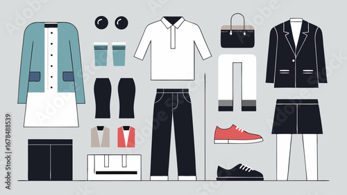 A collection of clothing items, including a red shoe, a white shirt, and a black skirt