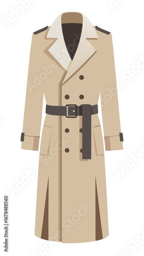 A tan coat hanging on a hanger. The coat is long and has a double-breasted
