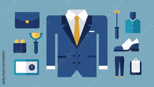 A blue suit with a yellow tie and a briefcase. The suit is accompanied by a wallet, a cell phone, and a pair of shoes