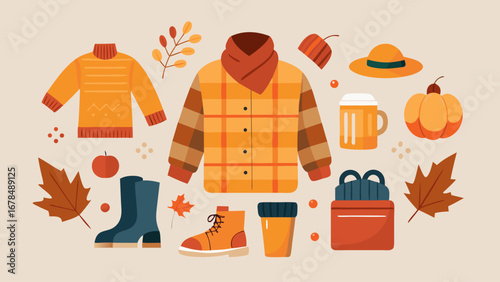 A collection of fall clothing and accessories, including hats, scarves, and boots. Concept of warmth and coziness, perfect for the chilly autumn months
