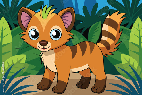 Cartoon Striped Civet Cub in Lush Jungle Setting