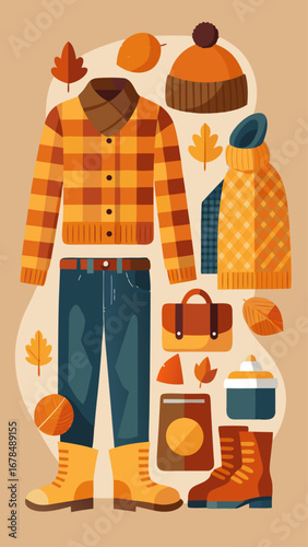 A collection of fall clothing and accessories, including hats, scarves, and boots. Concept of warmth and coziness, perfect for the chilly autumn months