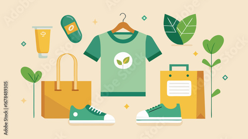 A green leaf is on a white t-shirt. A green bag is hanging on a clothes hanger. A pair of shoes is on the right side of the image