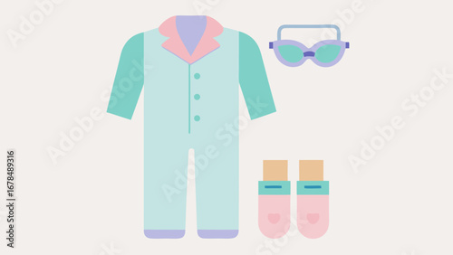 A cartoon of a man's pajamas and a pair of shoes. The pajamas are blue and the shoes are blue and pink