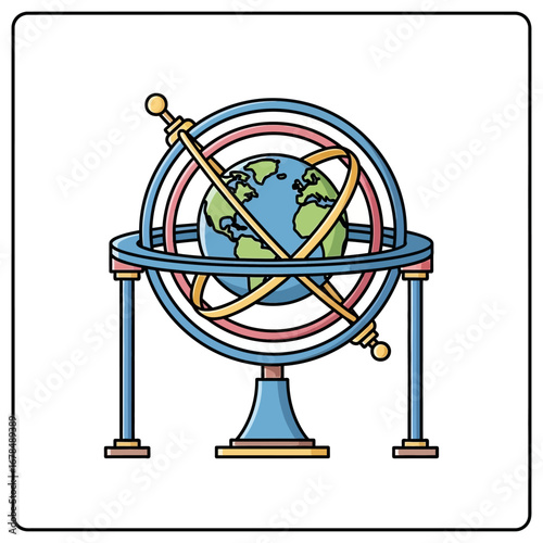 Armillary sphere science illustration of globe model for science education on white background.