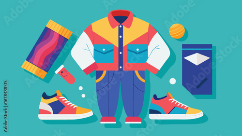 A colorful outfit with a jacket, jeans, and a pair of shoes. The outfit is designed to be worn in the winter