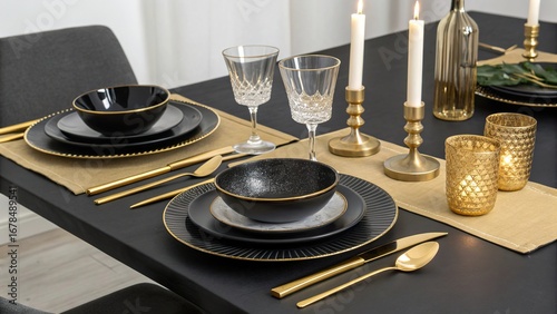 Elegant black and gold table setting showcases sophistication and style for a memorable dining experience