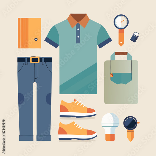 A man's outfit is shown with a watch, a book, and a backpack. The outfit is casual and comfortable, with a blue shirt and blue jeans