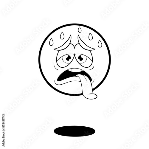 Hot and tired floating ball with tongue sticking out of his mount and sweat black and white clip art