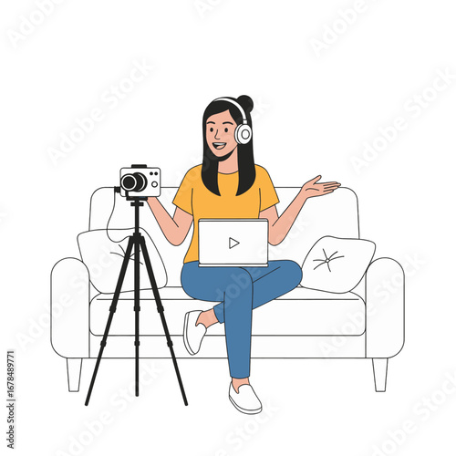 Young Woman with Headphones and Laptop Sitting on Couch Next to a Camera on Tripod in a White Background