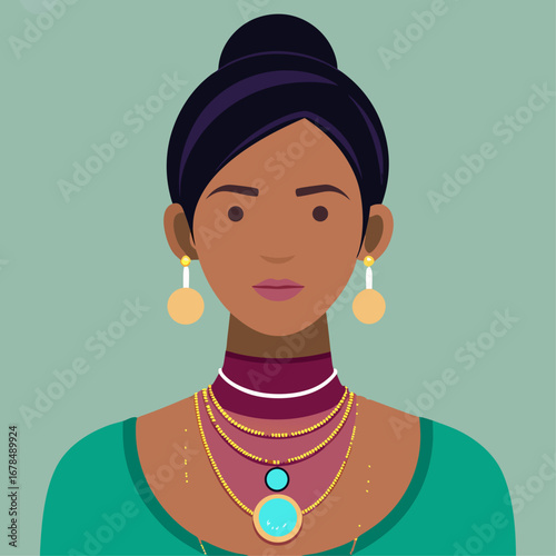 A woman wearing a necklace and earrings with a blue stone. She has a purple necktie