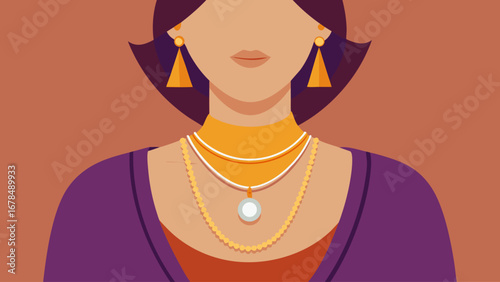 A woman wearing a necklace and earrings with a blue stone. She has a purple necktie