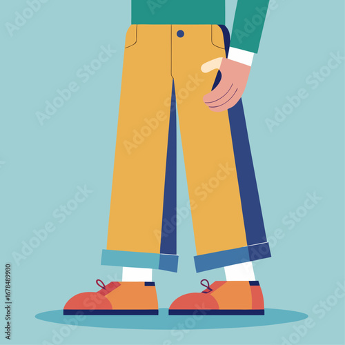 A cartoon drawing of a man with red shoes and blue pants. The man is standing with his feet apart and looking at the camera. The image has a playful and lighthearted mood