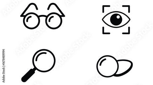 WebFocus on Vision and Clarity with Glasses, Magnifying Glass, Eye Scan, and Contact Lenses, a set of symbols representing sight, research, and vision correction options