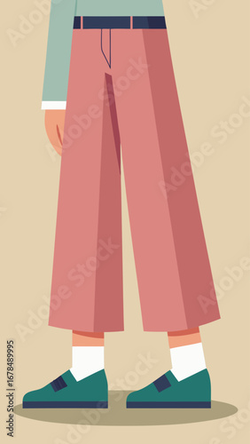 A cartoon drawing of a man with red shoes and blue pants. The man is standing with his feet apart and looking at the camera. The image has a playful and lighthearted mood